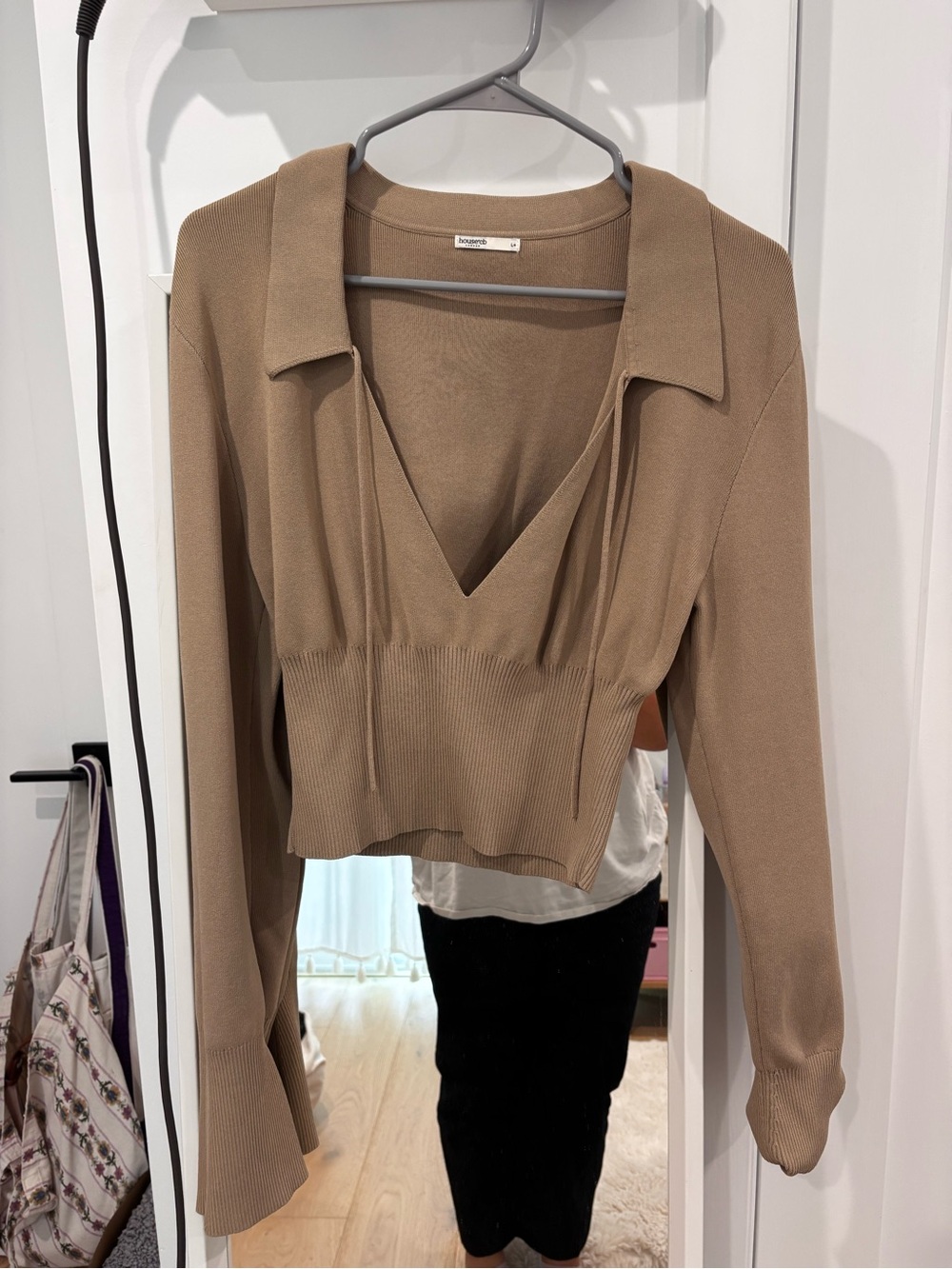 House of CB: Beige V-Neck Ribbed Knit Top with Collar